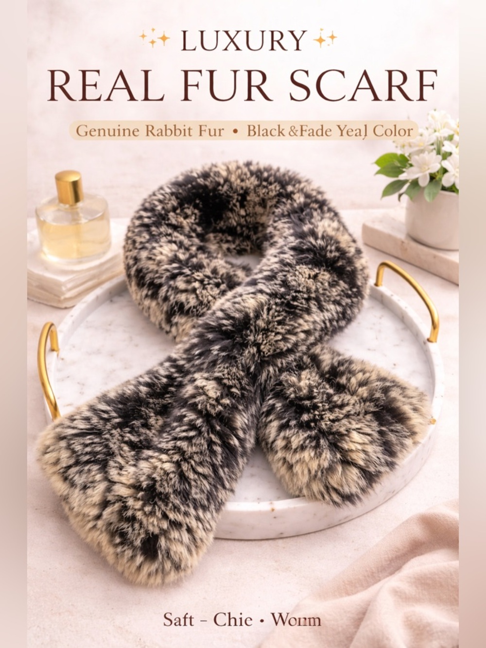 Luxury Real Fur Scarf | Black & Faded Yellow | Soft Chic Winter Wrap